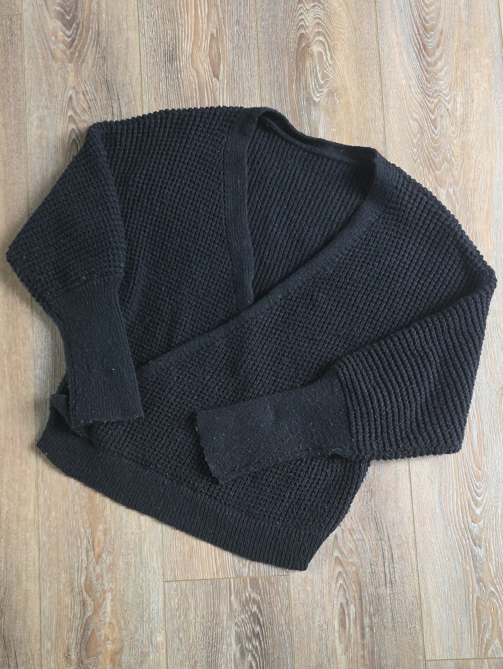 Black V-Neck Faux Wrap Knit Sweater